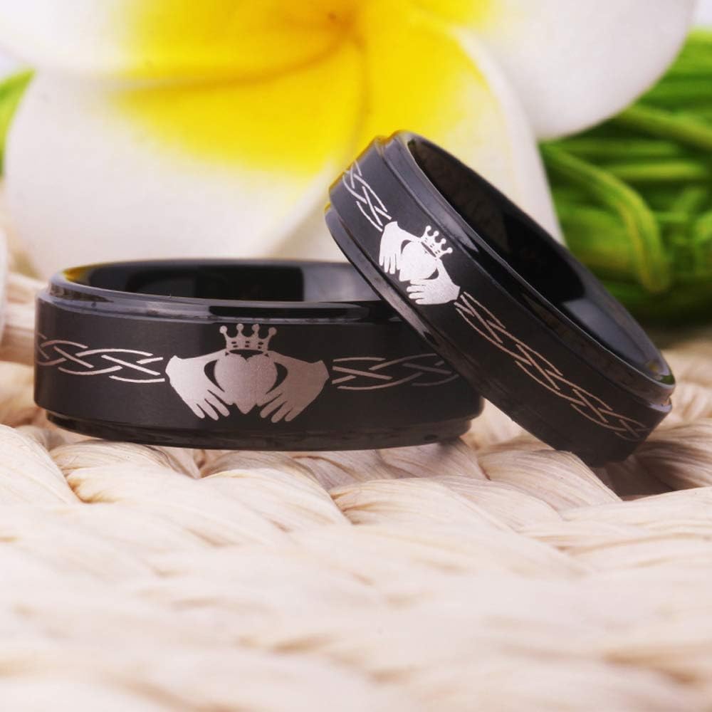 6mm/8mm Width Lover's Black Step Tungsten Carbide Brushed Surface Comfort Fit Classic Claddagh Design Ring - Sizes 5-15