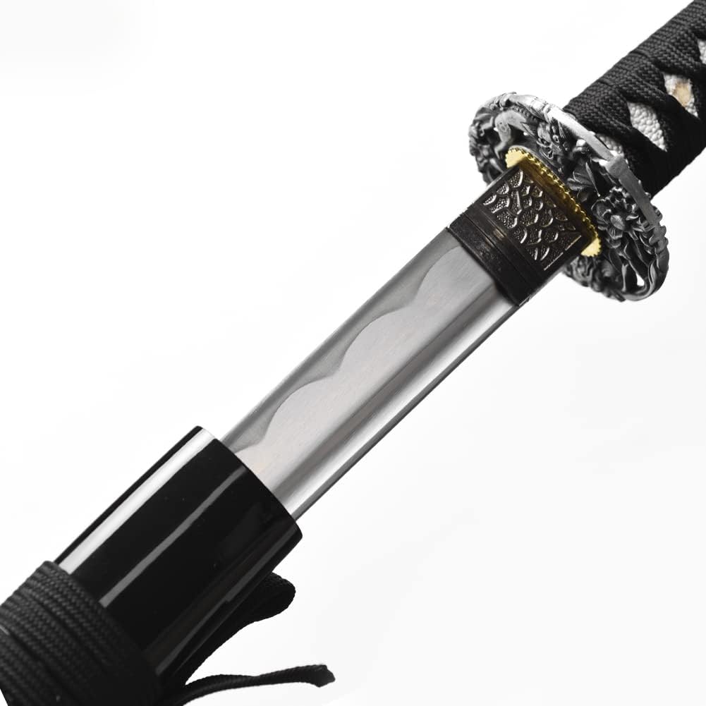 YONG XIN SWORD-Samurai Katana Sword, Japanese Handmade, Practical, 1045 Carbon Steel, Tempered/Clay Tempered, Full Tang, Sharp, Scabbard (Silver)