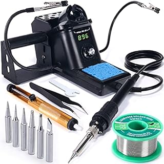 YIHUA 926 III 60W Digital Display Soldering Iron Station Kit w 2 Helping Hands, 6 Extra Iron Tips, Lead-Free Solder, Solder Sucker, S/S Tweezers, °C/ºF Conversion, Auto Sleep & Calibration Support