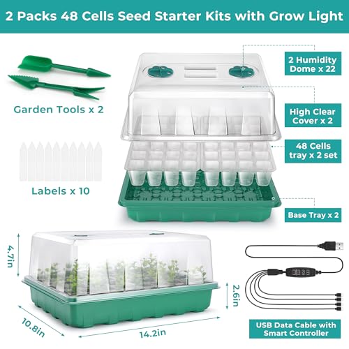 Hanaoyo 96 Cells Seed Starter Tray with Lights, 2 Packs Seed Starter Kit with Humidity Vented Domes and High Lid, Adjustable Brightness Germination Kit for Indoor Greenhouse Seed Starter - Image 5