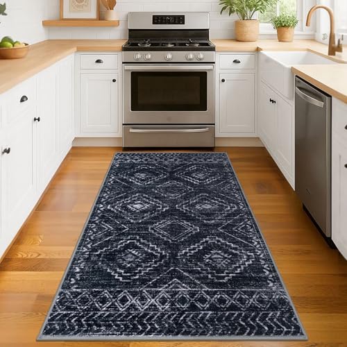 KILOCOCO Boho Entryway Rug 3x5 Area Rug Washable Non Slip Throw Rugs Soft for Kitchen Living Room Dining Bedroom Geometric Moroccan Carpet, Black
