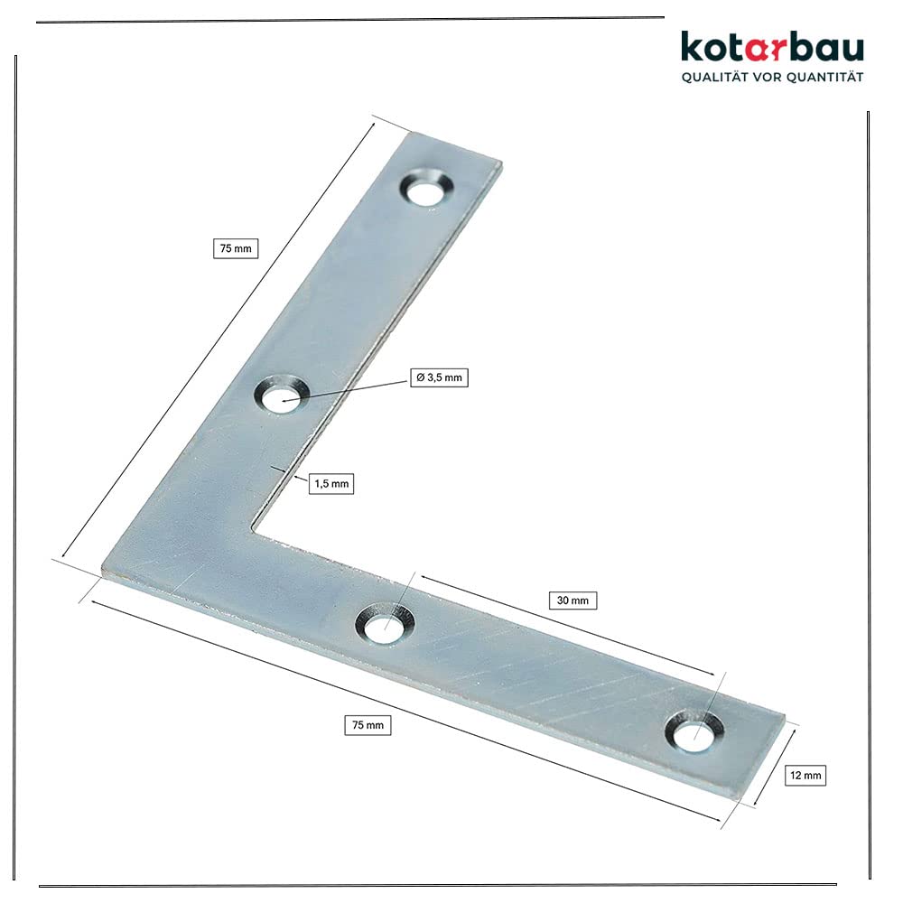 KOTARBAU® 100 x Placas de Esquina, Placas Planas en Forma de L, 75x75 Conector Angular, Conector de Esquina, Placa Perforada, Placas de reparación 90º, Conectores Planos, Pletinas, Soportes de Acero