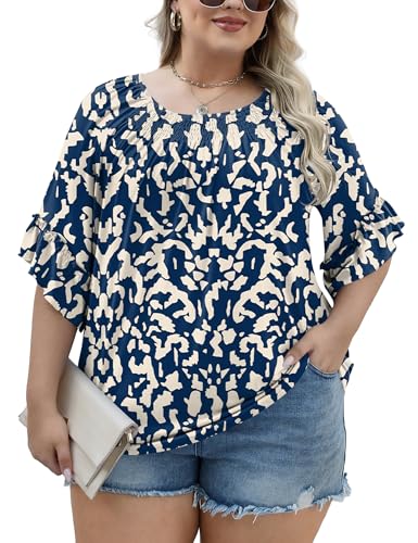 Image of Micoson Womens Plus Size Tops 3 /4 Ruffle Sleeve Crewneck Pleated Shirts
