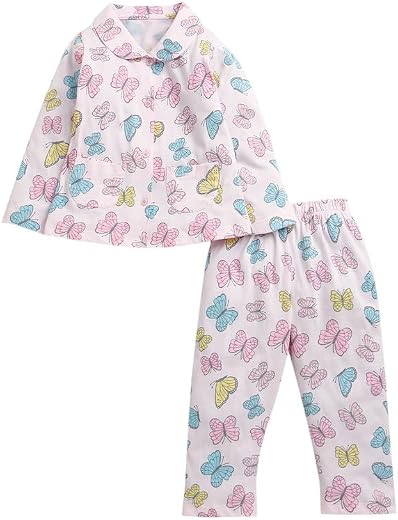 BUMZEE Girls Cotton Graphic & Animal Print Collar Neck Front Open Nightsuit