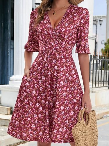 Image of VETIOR Midi Wrap V Neck A line 1 /2 Short Flare Sleeve Dress with Pocket for Women Pear & Apple Shape Friendly