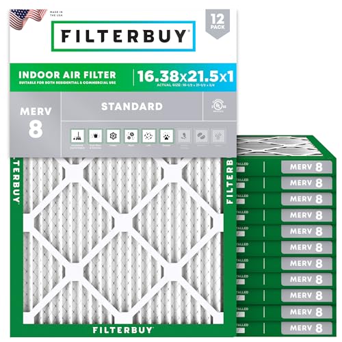 Filterbuy 16.38x21.5x1 Air Filter MERV 8 Essential Dust & Allergy Defense (12-Pack), Electrostatic Pleated HVAC AC Furnace Filters Replacement, Made in USA (Actual Size: 16.50 x 21.50 x 0.75)