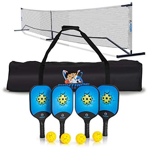 3 in 1 Pickleball Net, 4 Carbon Fiber Paddles and 4 Balls. Complete Regulation Size Portable Pickleball Net Bundle Set for Outdoors or Indoors. With 4 USAPA Approved Carbon Fiber Paddles and 4 Balls