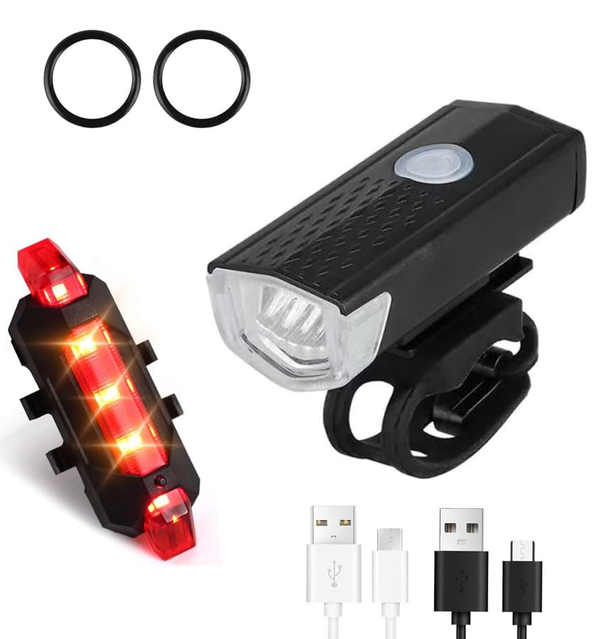 USB Rechargeable Bike Light Set – Black Headlight with 3 Modes & Red Taillight with 4 Modes, Waterproof IPX4, 3.5-7 Hour Battery Life, Easy Installation for Mountain and Road Bikes