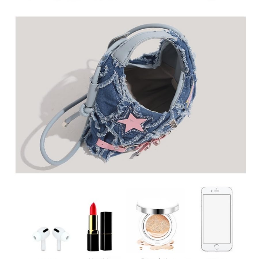 Image of Denim Hobo Bag for Women, Small Star Jean Fringe Shoulder Purse, Soft Top Handle Bag Crossbody Bag