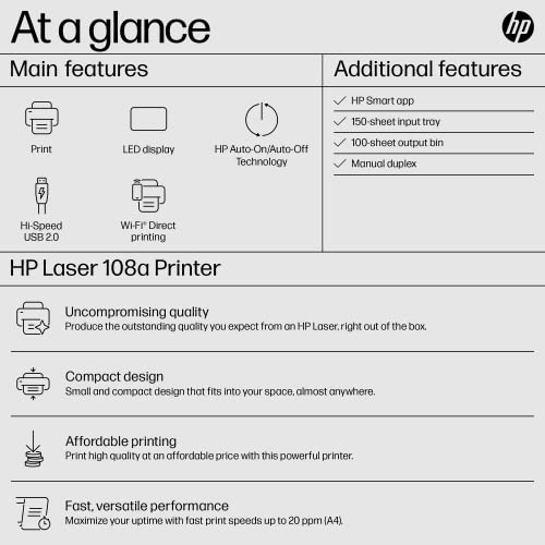 HP Laser 108A Monochrome Laser Printers,Single Function,Wired Print,Hi-Speed USB 2.0,Up to 21 Ppm,150-Sheet Input Tray,100-Sheet Output... - Image 3