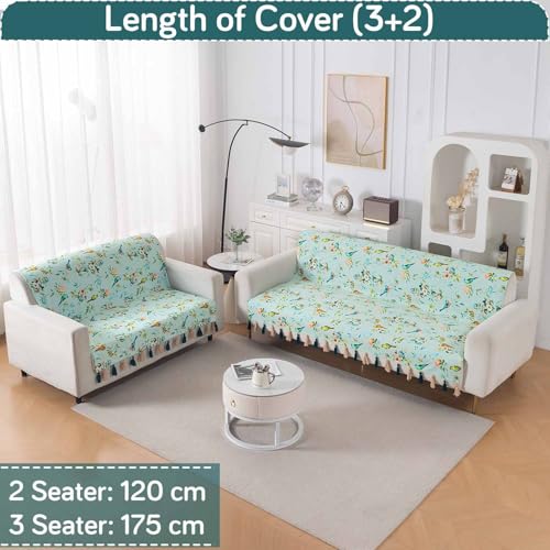 Image of HOKIPO Premium Holland Velvet Sofa Cover with Tassel 5 Seater (3+2) | Full Protection for Sofa Seat and Back | 'Whispers of Nature' | Mint Birdsong Blossom (IN-1127+1126-D3)
