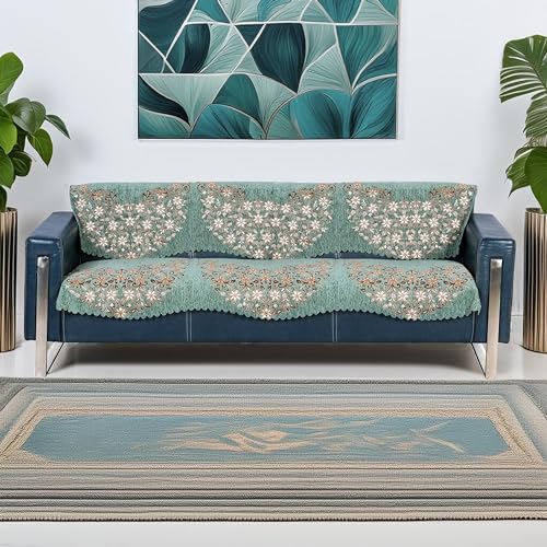 Image of Premium Chenille Woven Anti-Slip 3 Seater Sofa Cover | L-Shape Sofa Seat Protector for Living Room | Durable & Stylish Slipcover - Teal Phoolkari