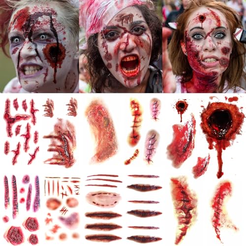 12 Blatt Narben Tattoo Zombie Schminke Zubehör Accessoires, Realistisches Motive Halloween Tattoo Gesicht Cosplay Kostüm Make UP Accessoires
