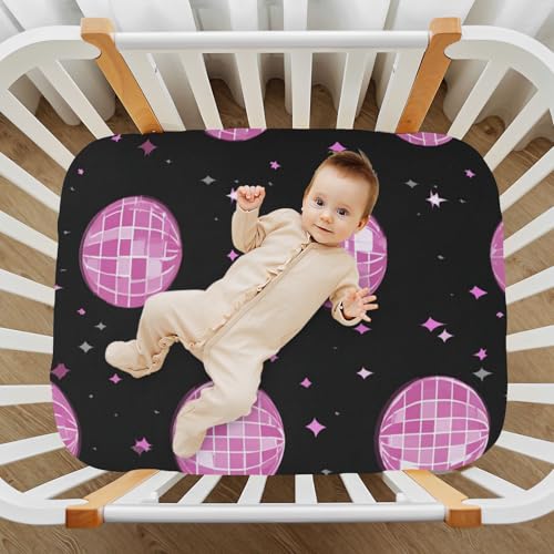 Image of Baby Crib Sheet Pink Groovy Disco Ball Crib Mattress for Boys and Girls Playard Sheet Soft Breathable Fitted Baby Mattress Cover 52x28in