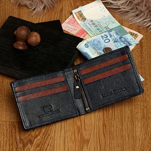 Image of LOUIS STITCH Safiano Leather Bifold Wallet for Men | Blue RFID Blocking Wallet Purse with 8 Card Slots, 1 Zip Pocket for Coin and 2 Main Compartments (WL-SF BU)