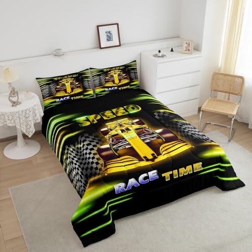 Image of Feelyou Kids Race Car Bedding Set King Size, Yellow Ombre Comforter Set Boys Girls Racing Speedy Car Duvet Insert Teens Bedroom Decor Bed Set 3Pcs