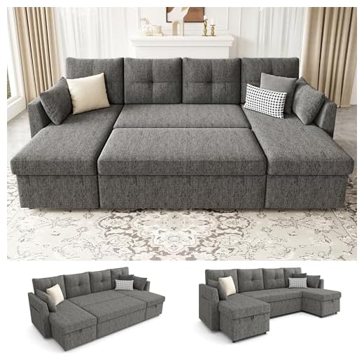 Huatean Home Oversized Sleeper Couch Sofa, 110 inch 2 in 1 Pull Out Couch with Double Storage Chaise, Sectional Sleeper Sofa Bed with Side Pocket for Living Room, Dark Grey