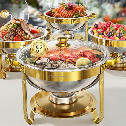 Chafing Dishes for Buffet Set 6.5QT, 4 Pack Round Dish Buffet Servers and Warmers with Glass Lid High Grade Stainless Steel Food Warmers for Parties, Christmas Gatherings, Weddings, Catering, Gold