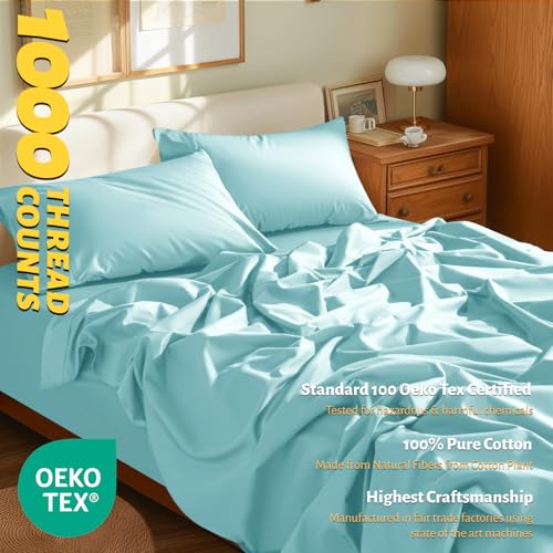 Shilucheng 100% Egyptian Cotton Queen Size Sheets Set - 1000 Thread Count，Luxury Cotton Bed Sheets，Breathable & Cooling Bedding and Pillow Cases, 16 Inch Deep Pocket - 4 Piece (Spa Blue, Queen)