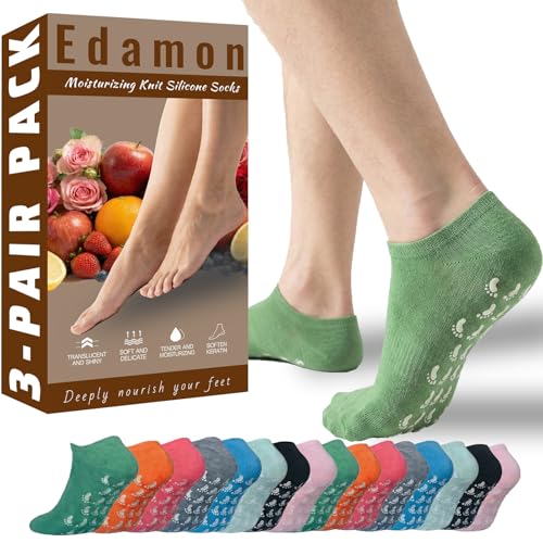 3 Pairs Moisturizing Gel Socks for Dry Feet - Intensive Overnight Foot Care Reusable & Non-Slip Gift for Women and Men (3 Pairs; Black + Orange + Green S)