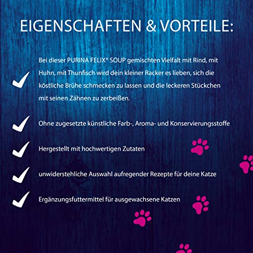 Felix Soup, Suppe für Katzen mit zarten Stückchen, Sorten-Mix, 8er Pack (8 x 6 Beutel à 48g)