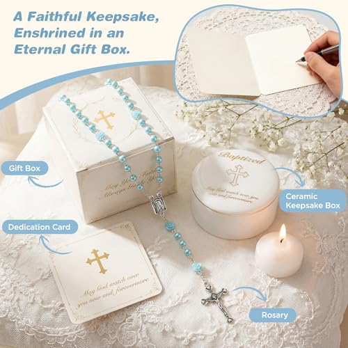 Image of NORBU Baptism Gifts for Girl, My First Rosary with Ceramic Keepsake Box, Rosary for Kids, First Communion & Baby Dedication Gifts for Newborn Baby Boys Catholic Christening Gift