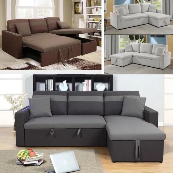 Bagno Italia Divano letto angolare 223 cm in microfibra grigio o marrone o ecopelle bianco chaise longue reversibile con vano contenitore braccioli con luci led