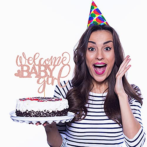 Crseniny Rose Gold Glitter Welcome Baby Girl Cake Topper，Baby Shower Party Decorations，Newborn Gender Show Girl Happy Birthday Party Cake Decoration #TOP3