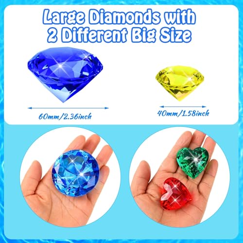 Image of MARFOREVER 16 Pcs Diving Gems Pool Toys Pirate Treasure Chest Gemstones Kid | 2x60 MM Diamond and 14 Colorful Diamond, Swimming Dive Throw Toys, Summer Underwater Swim Training Gifts Games for Boys Girls