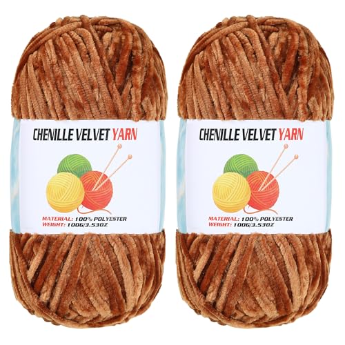Image of 2 * 100g Velvet Chenille Chunky, Handcrafts Weaving Soft Chenille Yarn for Crocheting Clearance, Used for Making Baby Yarn Blanket, Clothes, Knitting Creations (Coffee)