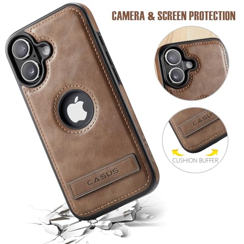 Image of Casus for iPhone 17 Case with MagSafe, Slim Kickstand Vegan Leather Protective Cover with Tempered Glass Screen Protector, 6.3 Inch (2025), Gray