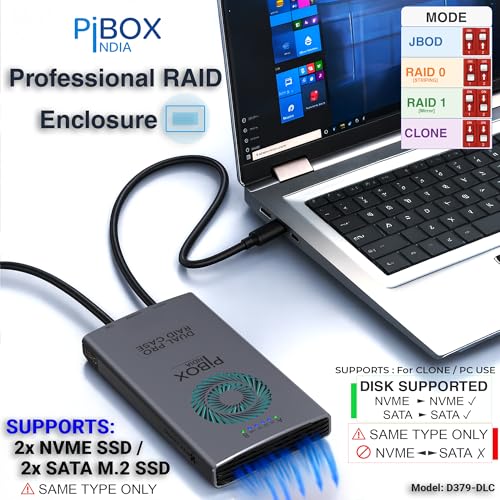 Image of M.2 Dual NVMe NGFF Dual Enclosure, PiBOX India NVMe /NGFF SATA Dual Protocol USB-C 3.2 2x2 , 4 RAID Modes JBOD /RAID 0 /1 /CLONE, Tool-Free Aluminum M2 SSD Reader Support M & B&M Key 2230 /2242 /2280 SSD