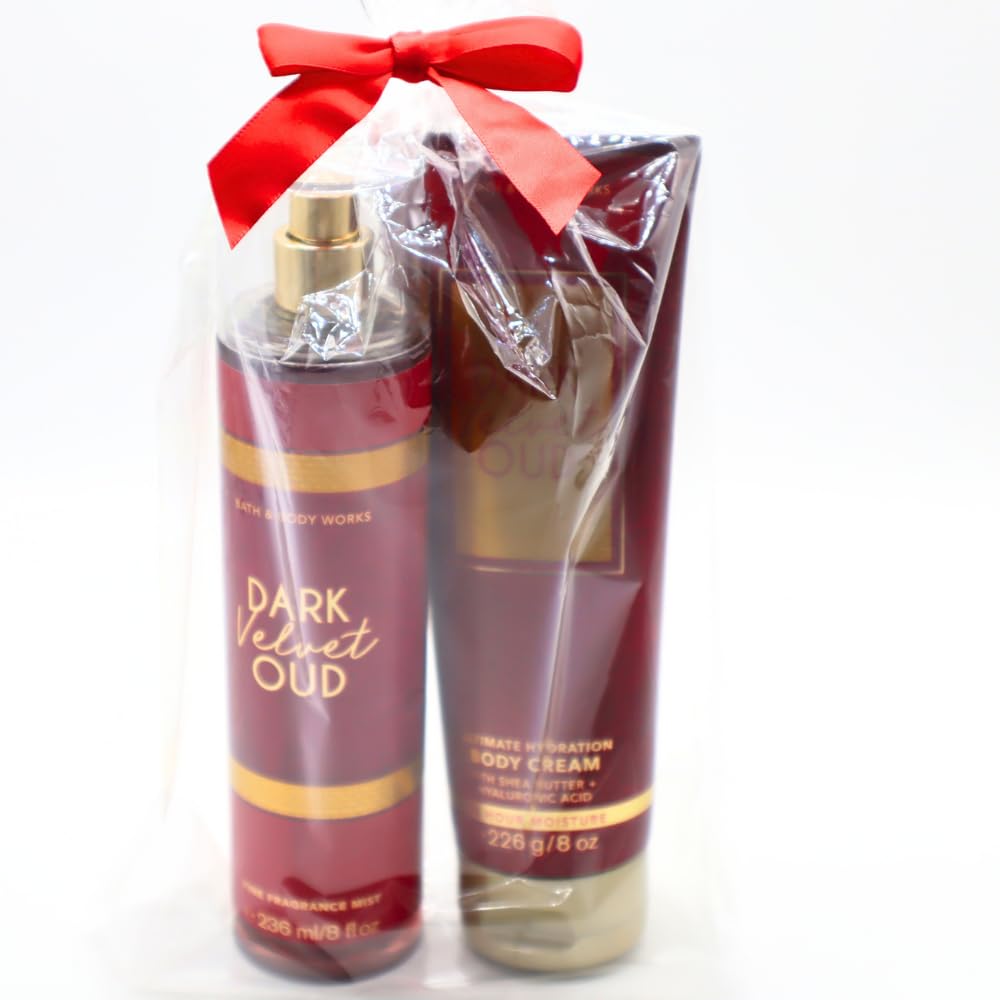 Bath & Body Works DARK VELVET OUD Fine Fragrance Mist & Ultimate Hydration Body Cream 2-piece Gift Set with a Red Bow for Holidays – Full Size