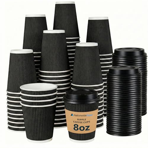 Nationwide Paper 8oz Triple Wall Ripple Paper Cups with Lids Black Insulated Disposable Takeaway Coffee Cups for Hot Drinks, Tea, Cappuccino & Espresso, Recyclable Catering Tableware (Pack of 100)