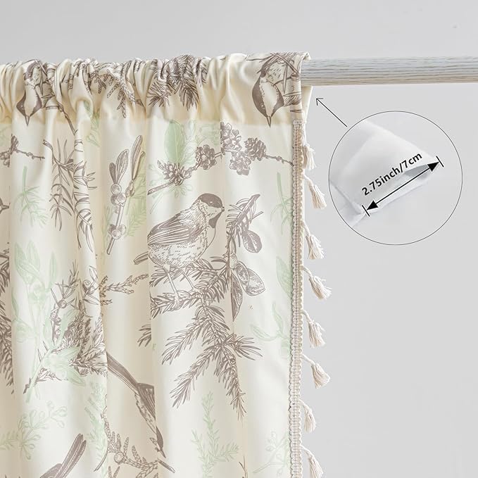 Image of Bird Botanical Curtains 96 Inches Long, Boho Farmhouse Light Filtering Rod Pocket Drapes with Tassel Trim for Bedroom Living Room, 2 Panels