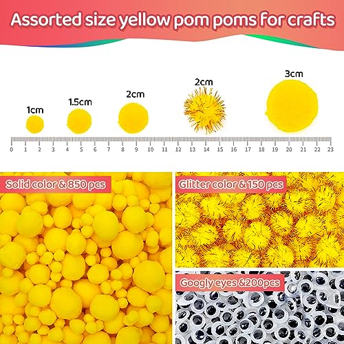 Image of Iooleem Yellow Pom Poms, 1200pcs Assorted Size Pompoms,Pom Poms for Arts and Crafts, Pom Pom Balls with Wiggle Eyes in jar, Glitter Pom Poms, Craft Supplies.