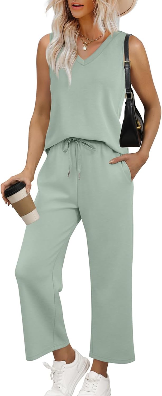 WIHOLL Two Piece Set for Women Summer Outfits Vacation Trendy Lounge Sets V Neck Matching Sets Sage Green Medium