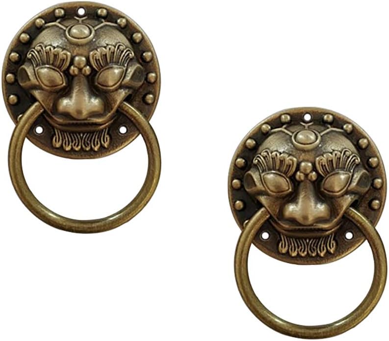 2Pcs Chinese Style Antique Brass Ring Pull Handle Kitchen Cabinets Wardrobe Drawer Classical Furniture Decoration Vintage Lion Head Classic Pure Copper Handle
