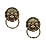 Tiazza 2Pcs Chinese Style Antique Brass Ring Pull Handle Kitchen Cabinets Wardrobe Drawer Classical Furniture Decoration Vintage Lion Head Classic Pure Copper Handle