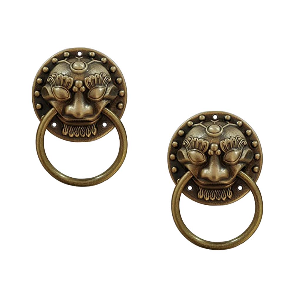 Tiazza Antique Bronze 2Pcs Chinese Style Antique Brass Ring Pull Handle Kitchen Cabinets Wardrobe Drawer Classical Furniture Decoration Vintage Lion Head Classic Pure Copper Handle