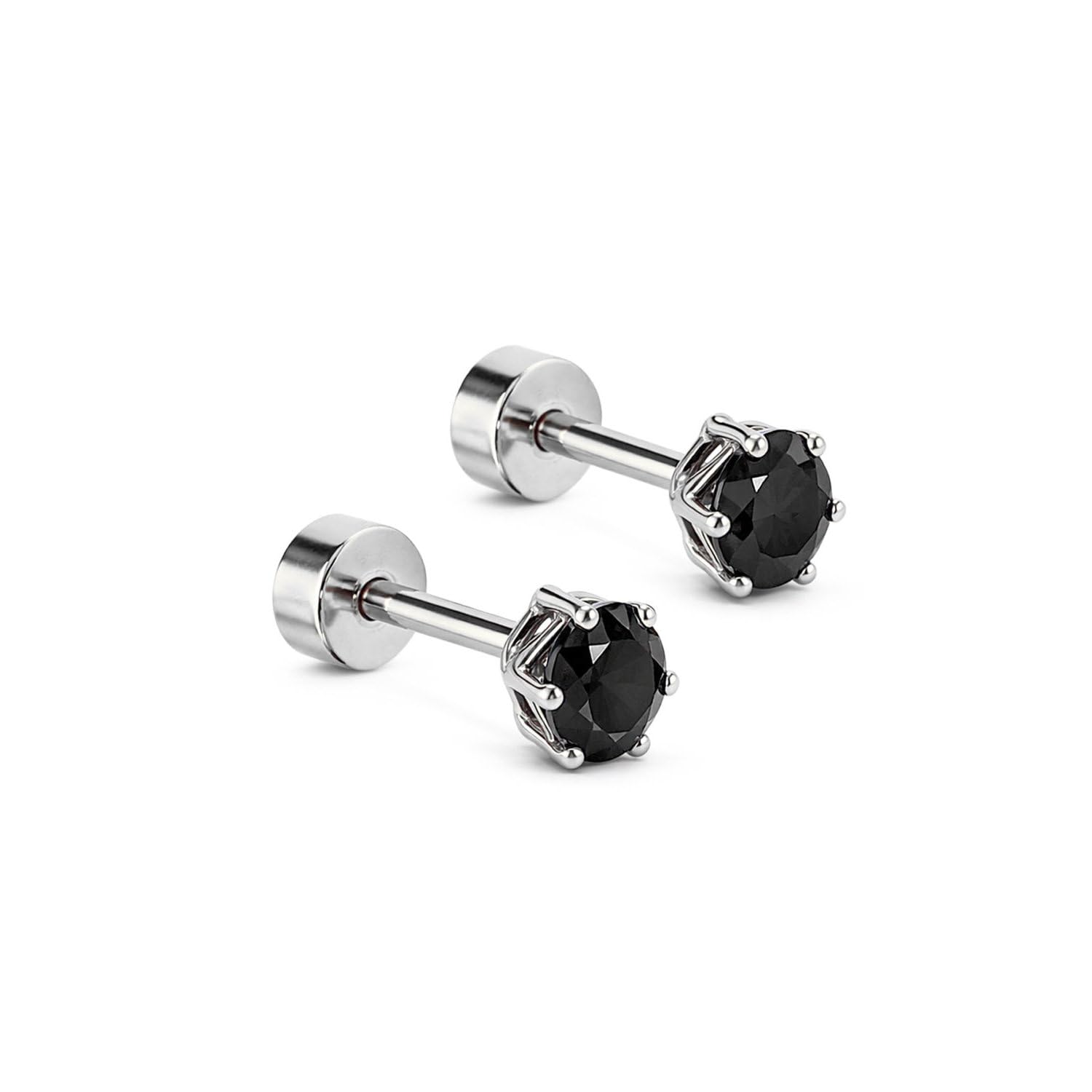 vama FASHIONS 4mm 18K Sliver Plated Stainless Steel Anti Tarnish Round Shape Black Stone Flat Back Screw Piercing Ear Stud Hypoallergenic Cartilage Lightweight Studs Earrings for Men & Boys-picture-21
