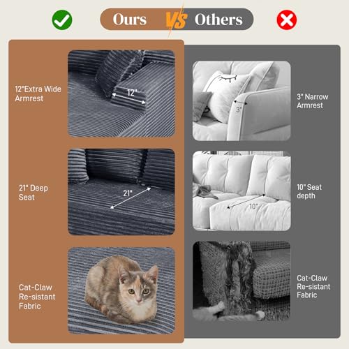 Image of 108 inch L Shaped Cloud Boneless Sectional Couches for Living Room, Modern Comfy Modular Deep Seat Memory Foam Compressed Corduroy Sofa Oversized Left Facing Chaise, No Assembly Required, Grey