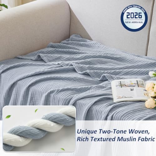 Image of EMME Muslin Cotton Blanket Adults Heather Dusty Blue Queen 90 inchx90 inch