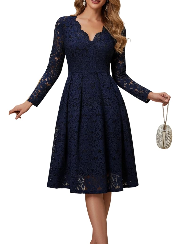 Womens Spring Lace V Neck Midi Dress Elegant Floral Long Sleeve A-Line Flowy Swing Party Dresses