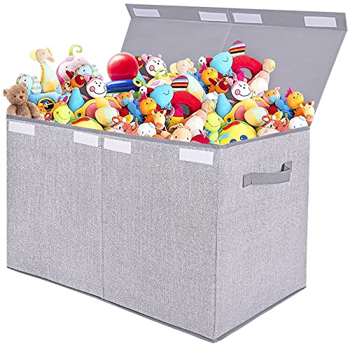 Large Toy Box Chest Storage Organizer with Lid,Collapsible Kids Toys Boxes Basket Bins with Sturdy Handles for Boys and Girls, Nursery, Playroom, Closet 25″x13″ x16″ (Light Grey)