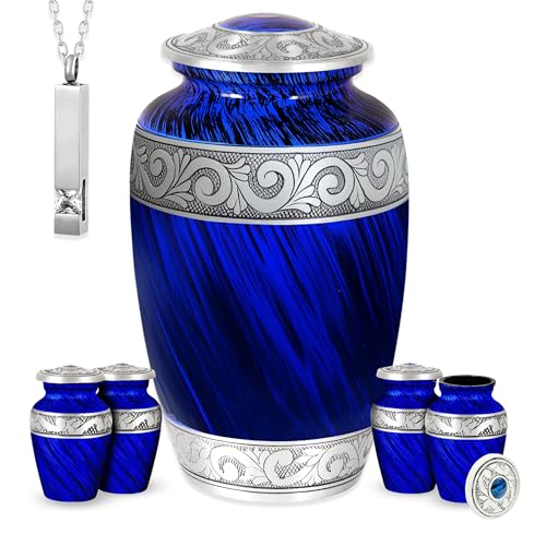 AmericUrn Set of 6 Funeral & Cremation Urn for Ashes Adult Male & Female with 1 Large Eternal Blue Decorative Urn for Human Ashes Adult Man