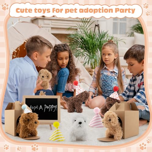 56Pcs Adopt A Puppy Party Favors Mini Plush Stuffed Animals Set Includes 14 Mini Dogs, Birthday Hats, White Plastic Fence with Artificial Lawn for Adopt A Pet Theme Birthday Party