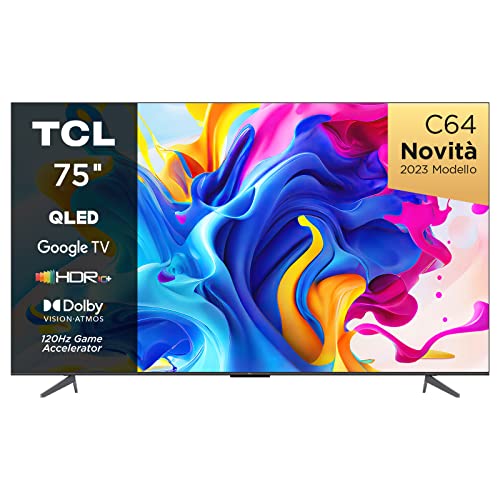Migliori TV 75 pollici TCL 75C641, TV QLED 75”, 4K Ultra HD, Google TV (Dolby Vision & Atmos, Motion clarity, Controllo vocale hands-free, compatibile con Google assistant & Alexa)