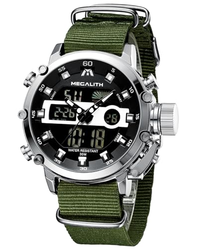 MEGALITH Reloj Hombre Digital Militar: Deportivo Esfera Grande Reloj de Pulsera con Correa de Nailon Verde   Cronómetro LED Alarma Impermeable para Correr Outdoor