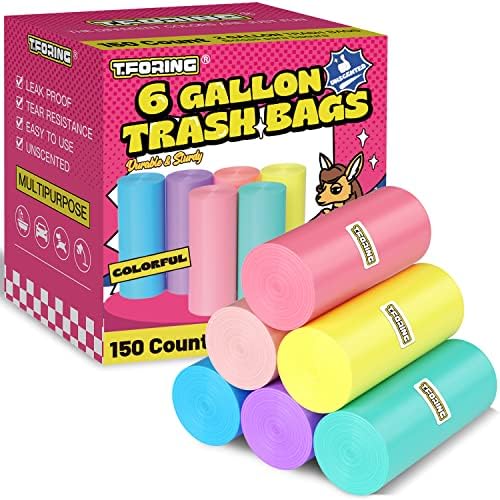 T.FORING 6 Gallon Bathroom Trash Bags - Colored Medium Garbage Bags 150 Count Strong Plastic Trash Can Liners Unscented Waste Basket Bags Fit 22.5 Liter Trash Bin for Home Kitchen Office (4 to 6 Gal)